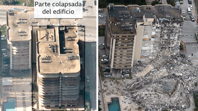 Antes y después del edificio colapsado en Miami Beach.