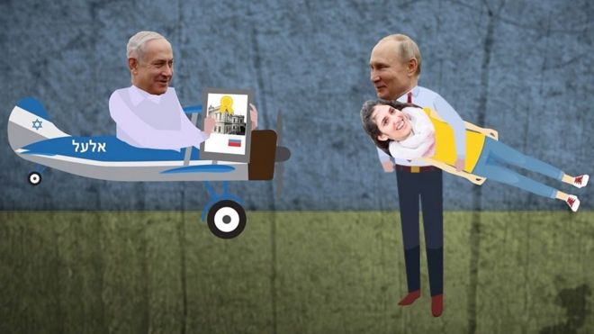 Коллаж с Владимиром Путиным, Биньямином Нетаньяху и Наамой Иссахар