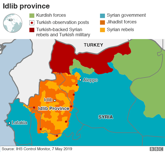 Карта, показывающая контроль над провинцией Идлиб, Сирия (7 мая 2019 года)