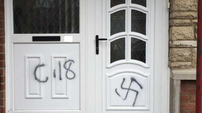 Религиозно отягчающие граффити на двери в Северной Ирландии