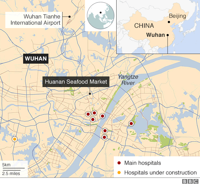 Map showing main hospitals and planned hospital site in Wuhan