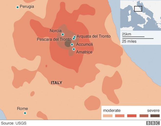 Карта городов, пострадавших от землетрясения, и их близость к Перудже и Риму