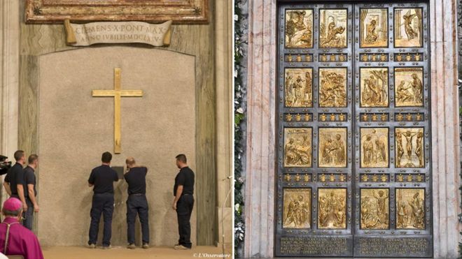 Рабочие раскрывают святую дверь собора Святого Петра. составное изображение
