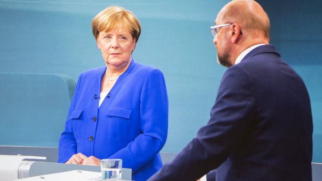 Live broadcast of debate between German Chancellor Angela Merkel and main opponent Martin Schulz on September 3, 2017 in Berlin