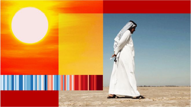 Image of sun and Iraqi man walking across bare earth