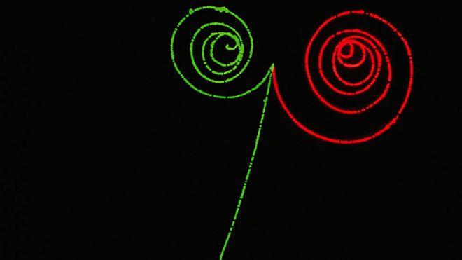 La producción simétrica de la materia y antimateria. Dos fotones invisibles de rayos gamma entran y cada uno produce un electrón (verde) y un positrón o antielectrón (rojo).