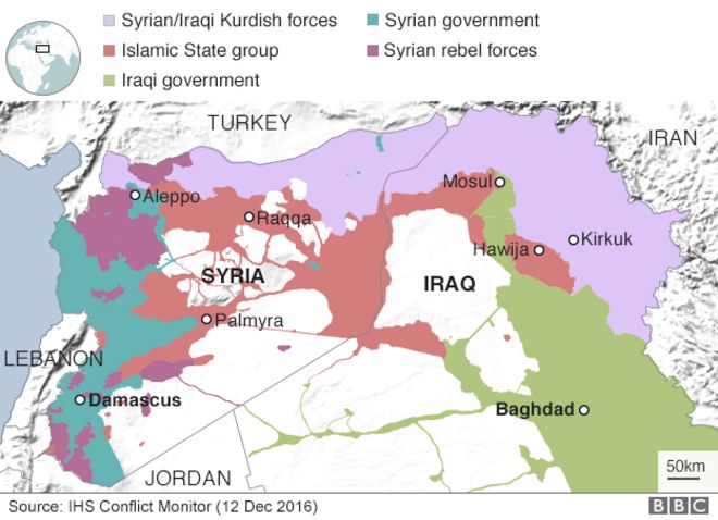 Карта Ирака и Сирии с указанием зон контроля