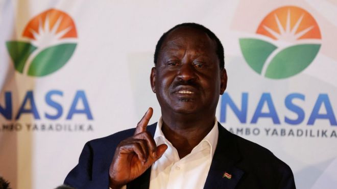 Raila Odinga at news conference, behind him the logo of his movement the National Super Alliance - 9 August
