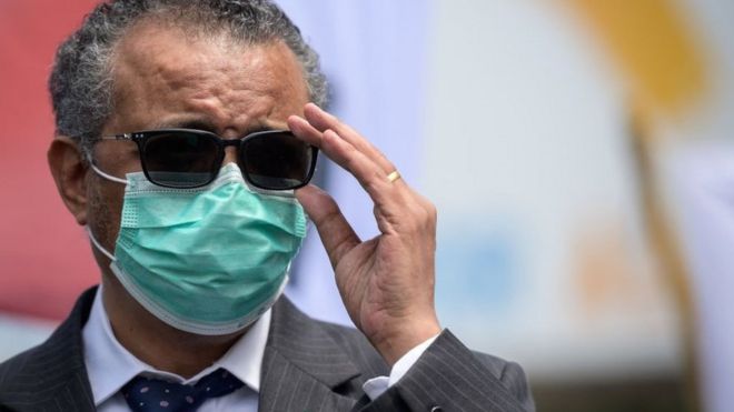 Tedros Adhanom Ghebreyesus adjusts his glasses during a meeting with Doctors for Extinction Rebellion in May
