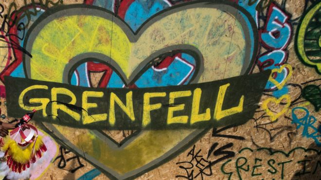 Grafitti showing 'Grenfell' in love heart