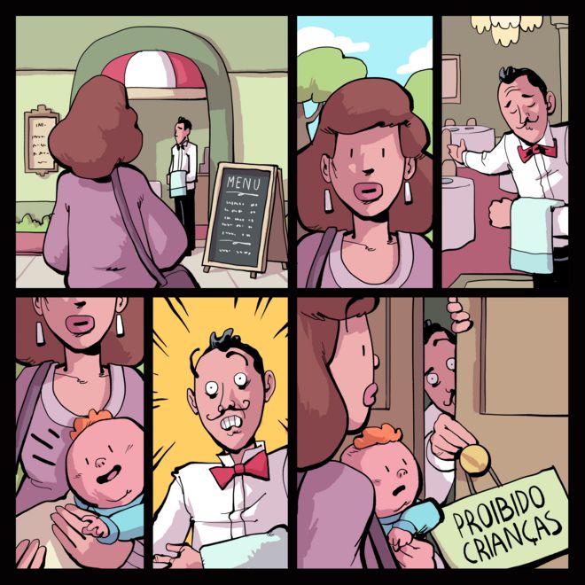 Ilustração mostra mãe sendo barrada com criança em restaurante