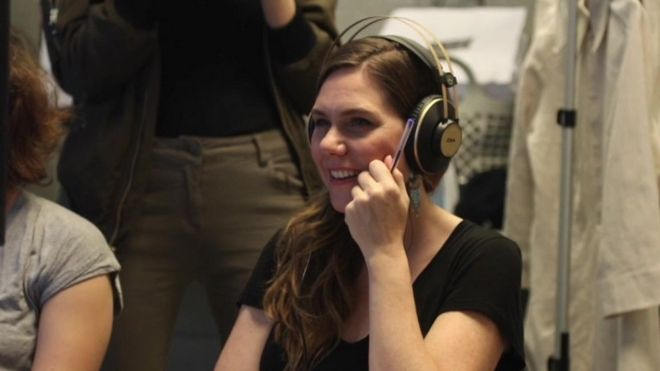 Ericka Lust, during filming, wearing headphones
