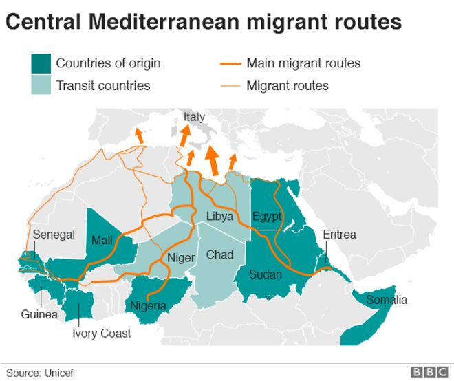 Карта, показывающая маршруты мигрантов из Средиземного моря