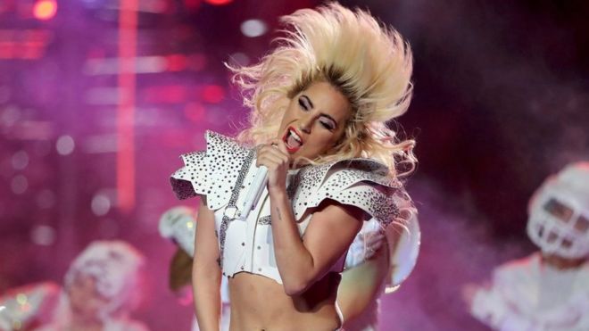 Singer Lady Gaga performs during the halftime show at Super Bowl
