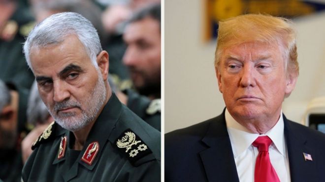 Picha za Meja jenerali Qassem Soleimani (kushoto), Donald Trump (kulia)