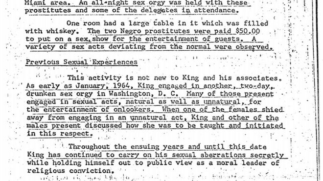 Снимок экрана со старой фотокопированной страницей с описанием предполагаемого сексуального проступка доктора Кинга