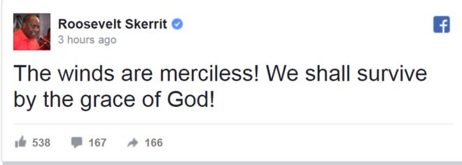 Пост в Facebook от Доминики Премьер-министр Рузвельт Скеррит: Ветры беспощадны! Мы выживем по милости Божией!