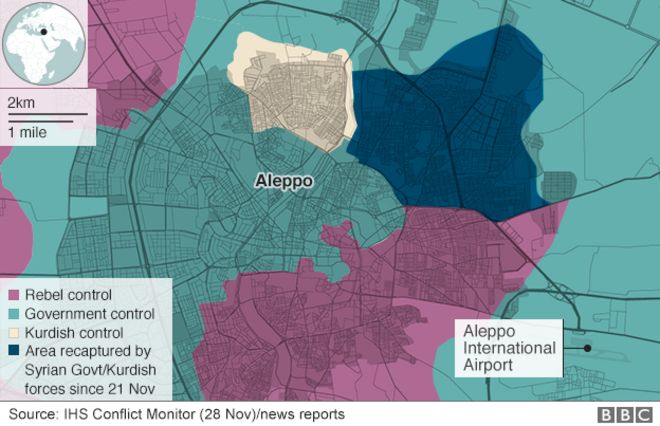 Карта, показывающая районы контроля Алеппо (28 ноября)