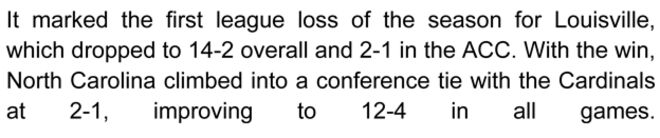 Это отметило первую потерю лиги сезона в Луисвилле, который упал до 14-2 в целом и 2-1 в ACC. С победой Северная Каролина вышла в конференц-связь с кардиналами со счетом 2: 1, улучшившись до 12-4 во всех играх.