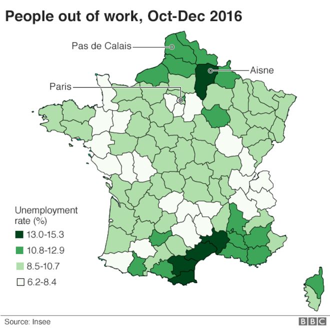 Карта, показывающая уровень безработицы по всей Франции