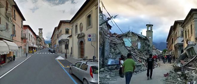 Землетрясение сильно повредило центр Аматрице, показанный на этих двух снимках одной и той же улицы до и после землетрясения - 24 августа 2016 г.