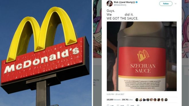 麦当劳标志以及动画片《瑞克和莫蒂》主创的推特截图