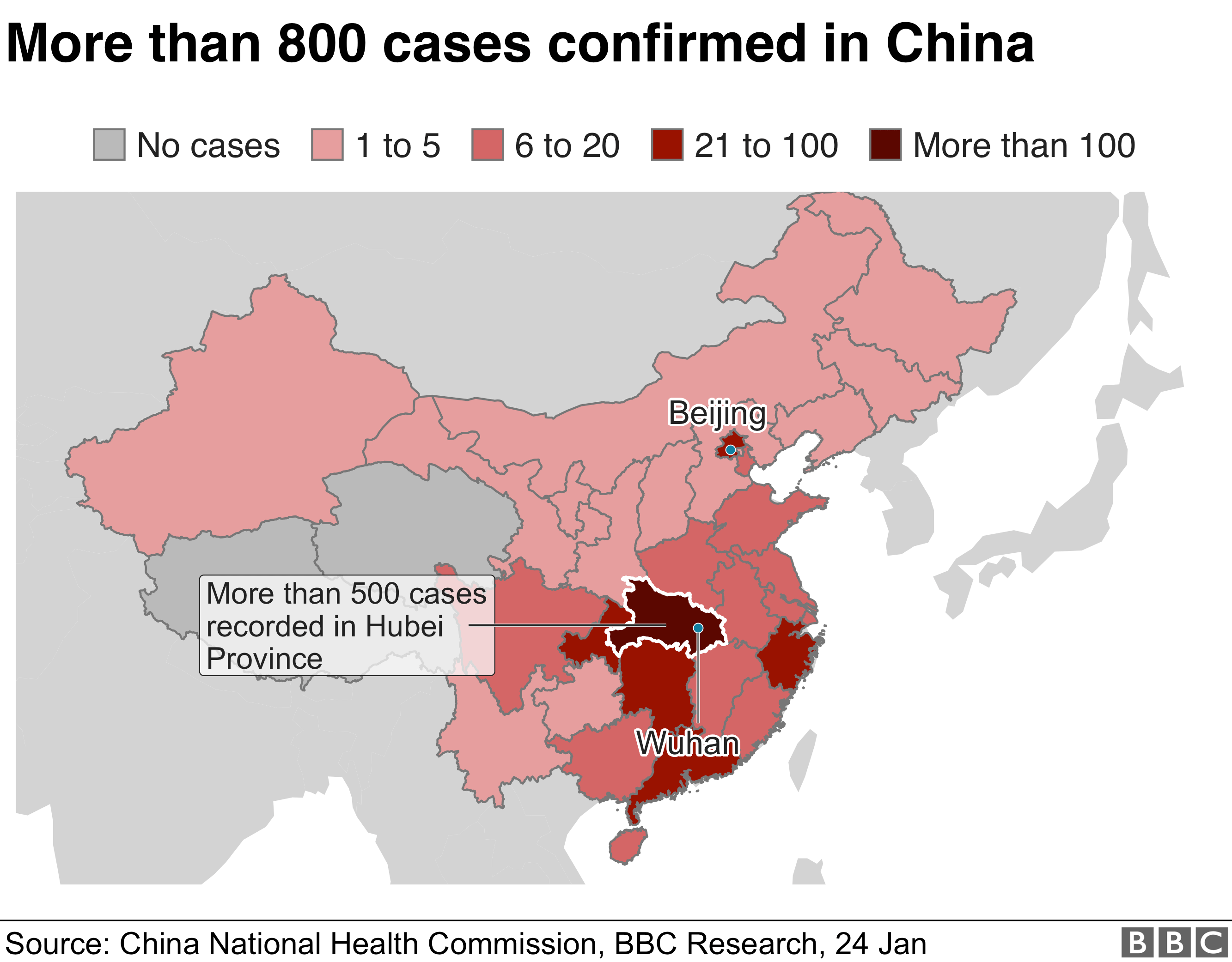 Map showing the number of virus cases in China