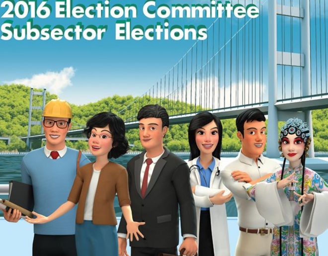 Плакат для выборов подсектора Избирательной комиссии 2016 года с изображением людей из разных профессий, таких как строительство, медицина и исполнительское искусство