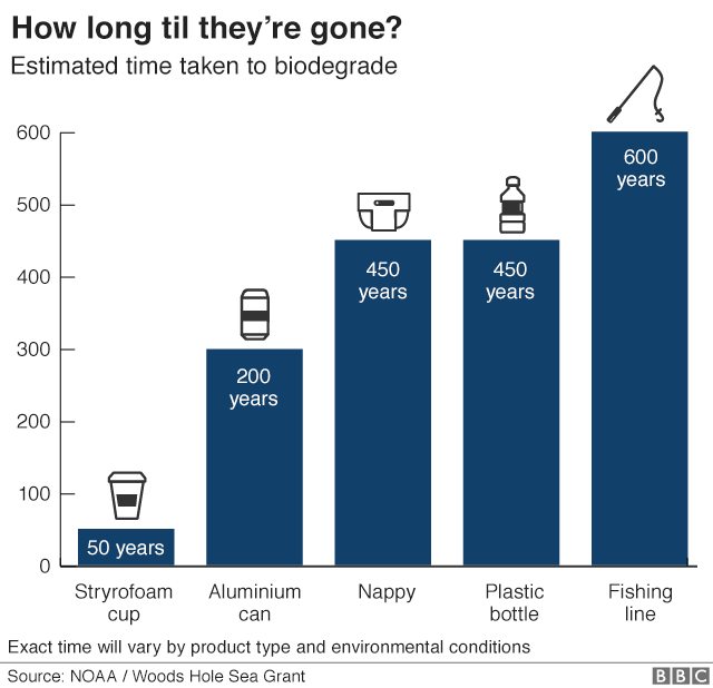 График показывает, сколько потребуется времени для разрушения пластика - 50 лет для кофейной чашки, 200 лет для алюминиевой банки, 450 лет для подгузника или пластиковой бутылки и 600 лет для лески.