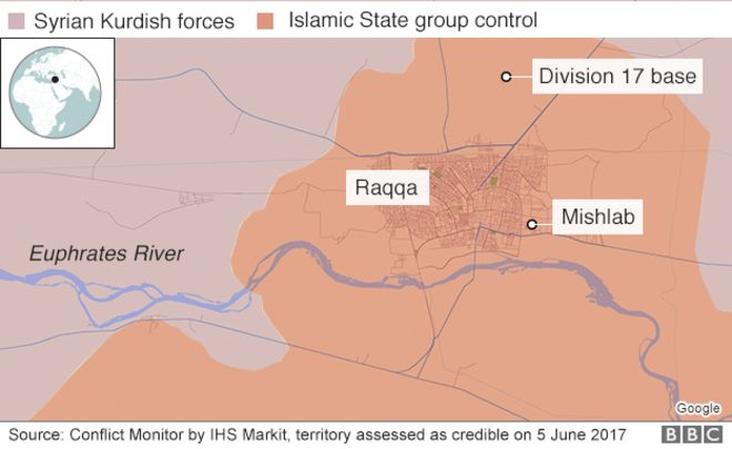 Карта, показывающая контроль вокруг сирийского города Ракка (5 июня 2017 года)