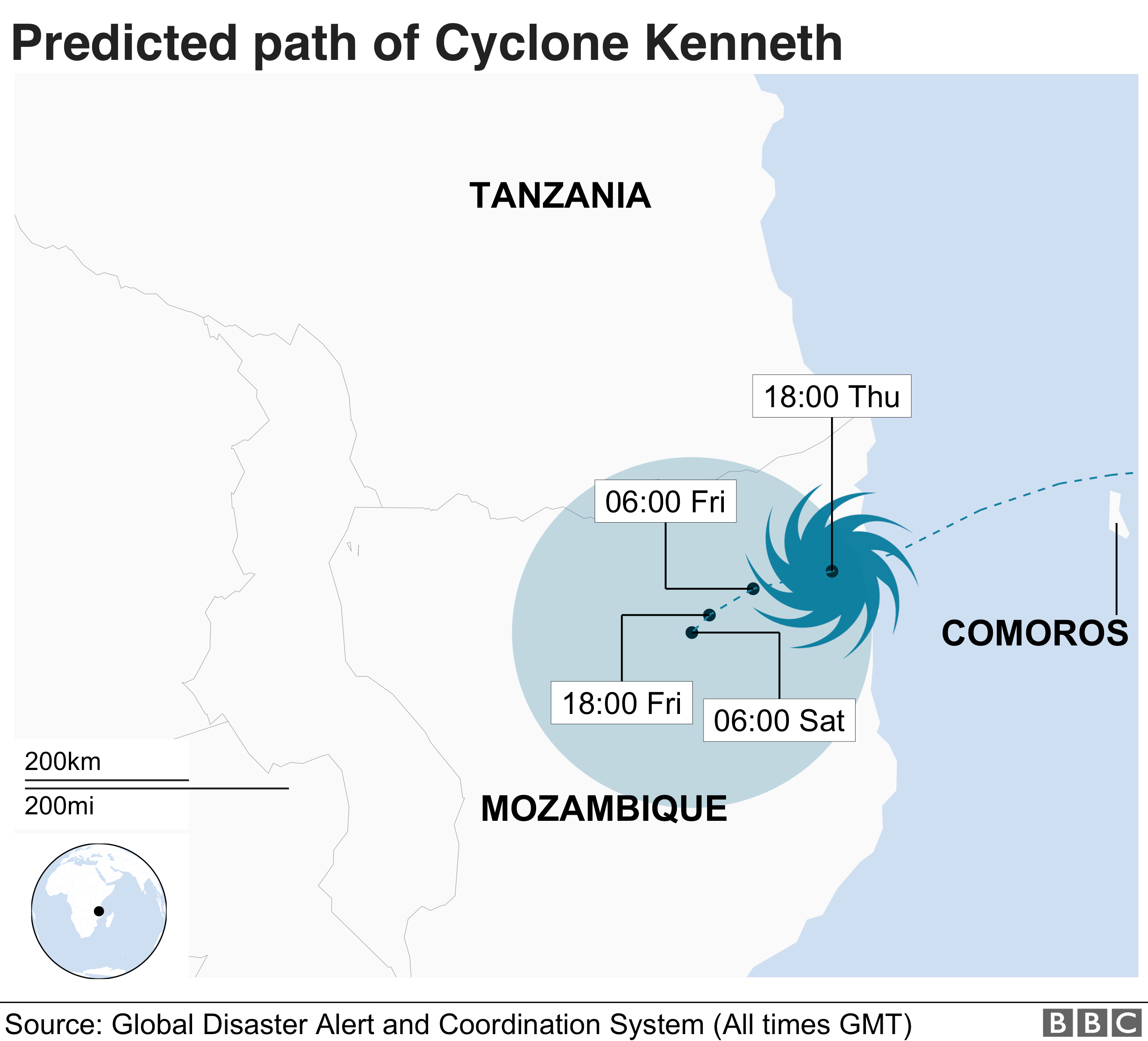 Карта, показывающая предсказанный путь циклона Кеннета