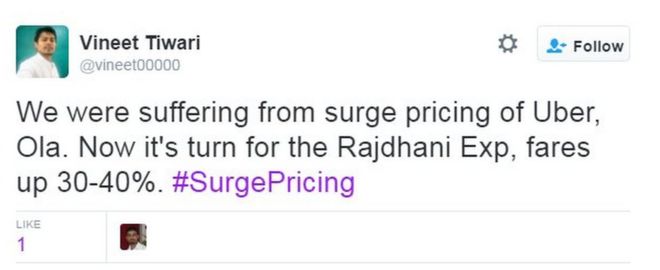 Мы страдали от скачка цен Uber, Ола. Теперь очередь за Rajdhani Exp, тарифы на 30-40%. #SurgePricing