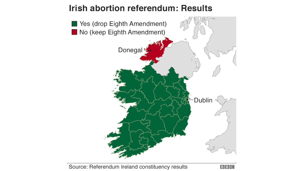 Карта, показывающая, как 40 избирательных округов проголосовали на референдуме об абортах в Ирландии