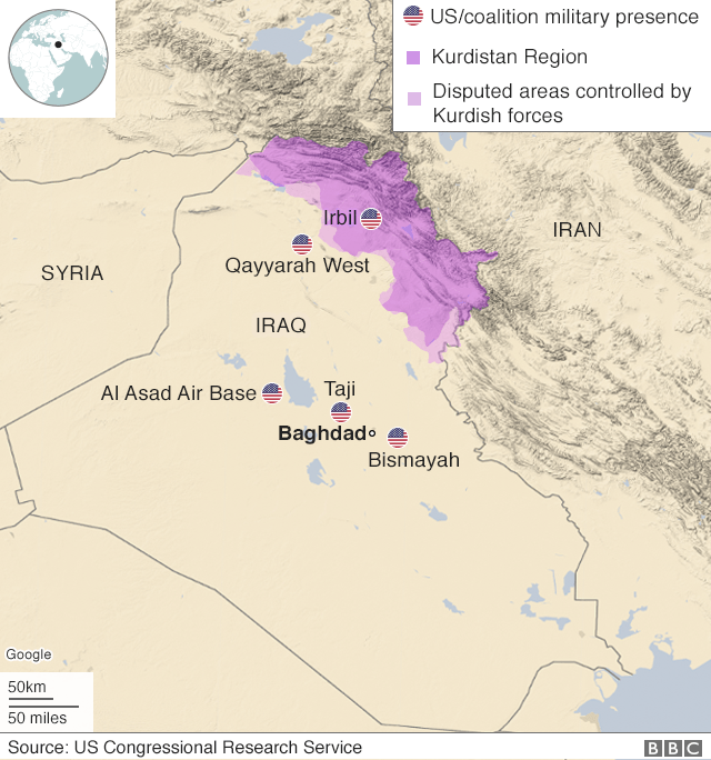 Карта с изображением военных баз США в Ираке