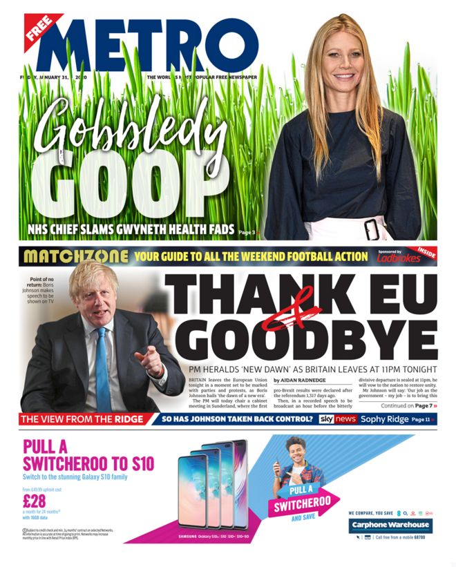 Friday's Metro front page