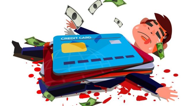 Мультфильм человека, раздавленного под его кредитные карты