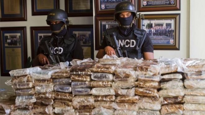 Доминиканские полицейские показывают часть кокаина, изъятого на борту самолета