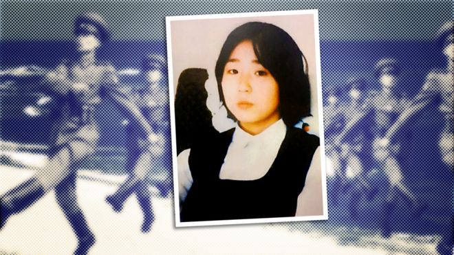 A composite image showing a picture of a Japanese 13-year-old, Megumi Yokota, superimposed over North Korean soldiers marching