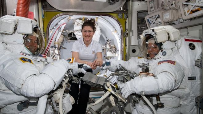 Astronauts Nick Hague, Christina Koch and Anne McClain