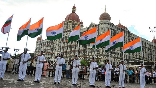 Navy cadets take part in a rehearsal infront of the Taj Mahal hotel in Mumbai on November 24, 2010.