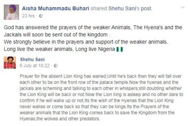 Пост в Facebook, на котором говорится: «Бог ответил на молитвы более слабых животных, гиены и шакалов скоро будут высланы из королевства.