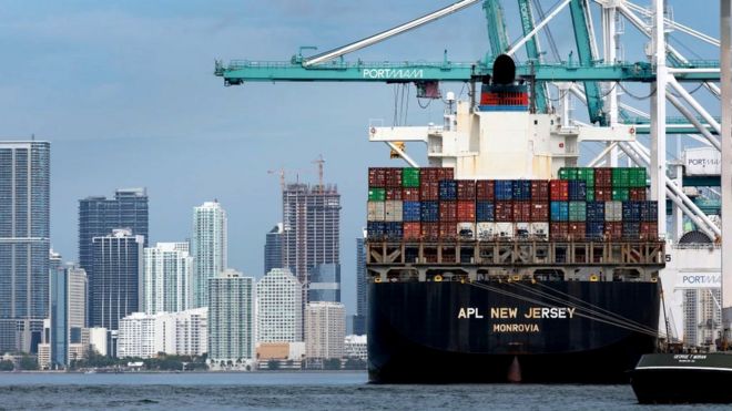 Freight ship docked at a port