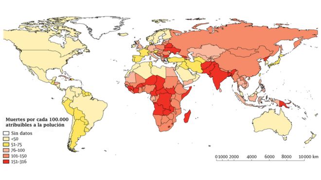 Mapa mundial de muertes atribuibles a la polución de acuerdo a un estudio de la revista científica The Lancet.