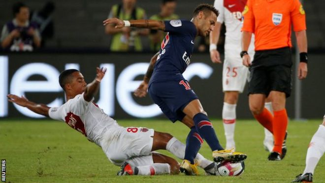 Neymar in action against Monaco in the French Super Cup