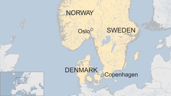 Карта Би-би-си, показывающая относительные местоположения Копенгагена и Осло
