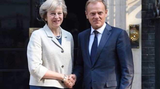 Theresa May and Donald Tusk at Downing Street in September 2016