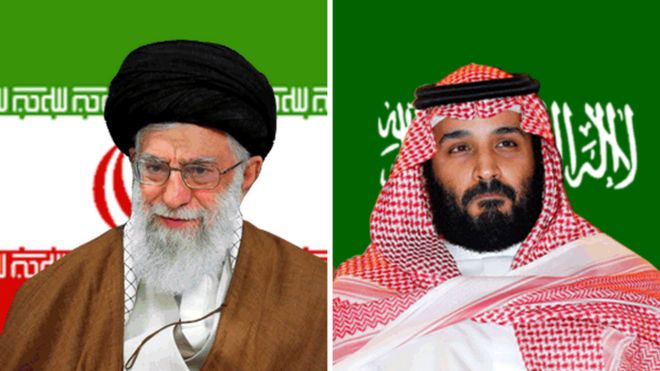 O aiatolá Ali Khamenei, líder do Irã, e o príncipe Mohammed bin Salman, príncipe herdeiro da Arábia Saudita