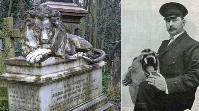 Лев на могиле, рекламная фотография Фрэнка Чарльза Бостока со львом