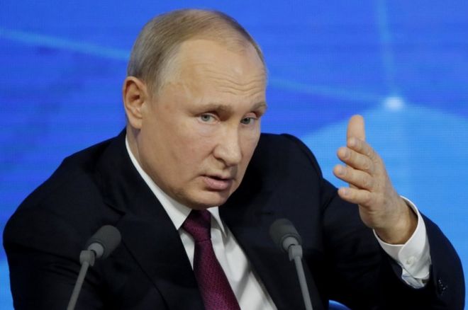 Президент России Владимир Путин выступает на ежегодной пресс-конференции в Москве, Россия