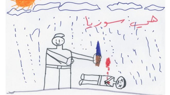 Este desenho mostra um adulto de pÃ© ao lado de um cadÃ¡ver. "Isto Ã© a SÃ­ria", diz a frase escrita acima do desenho.